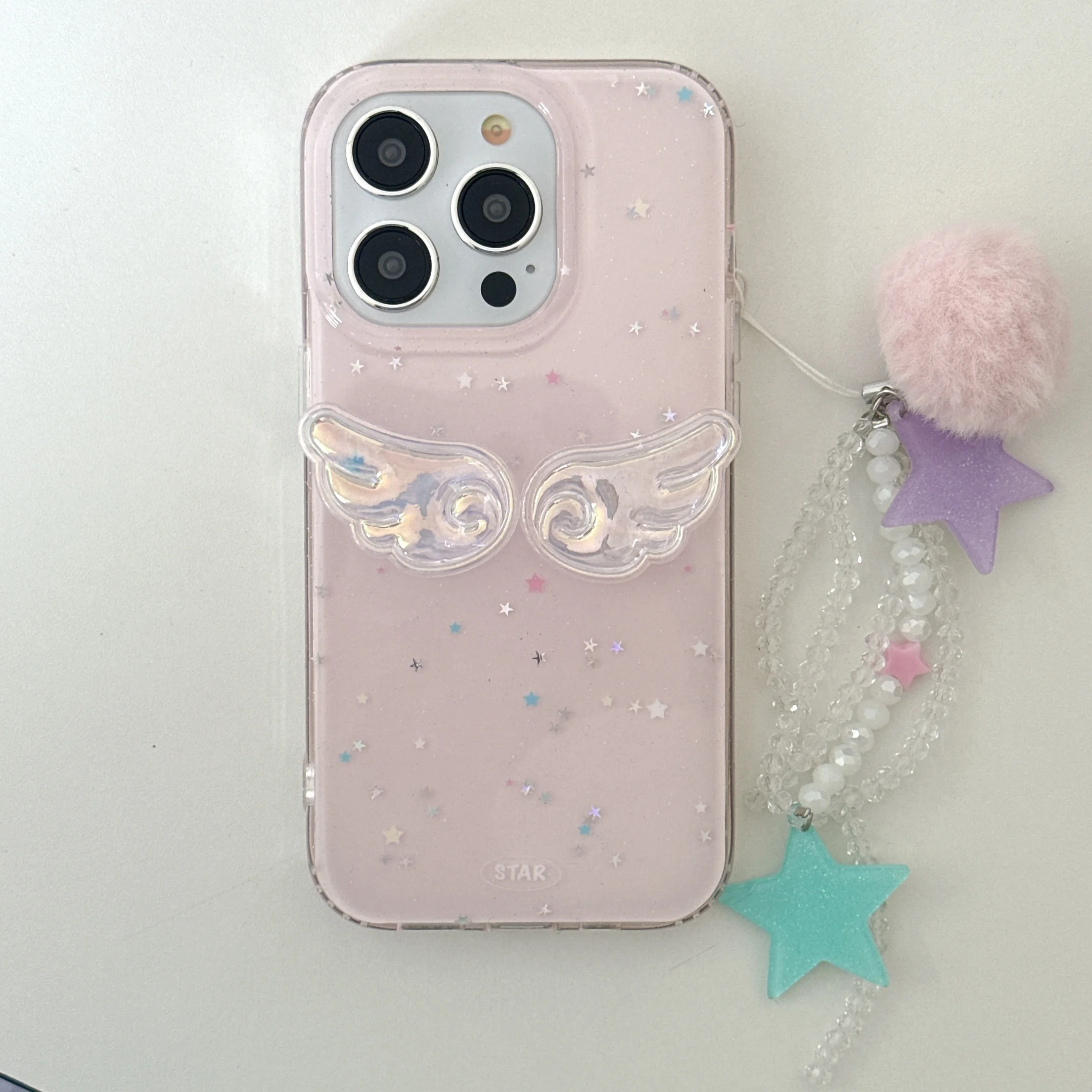 Koreanische INS glitzernde rosa 3D-Kristallflügel mit flauschiger Handgelenkkette Handyhülle für iPhone 16 15 14 13 Pro Max Rückseite Capa