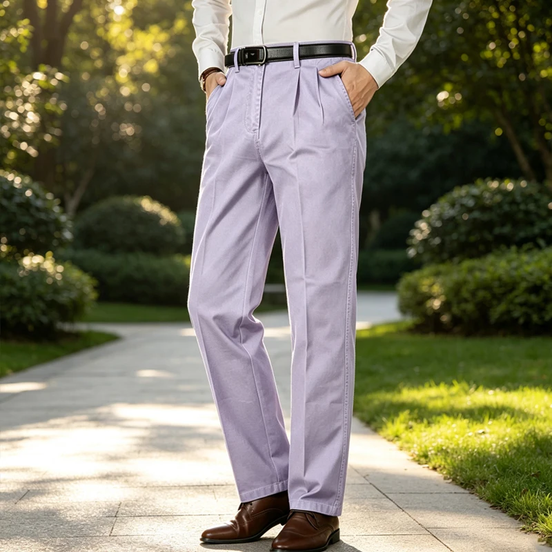 Classic Men Cotton Pleated Casual Trousers High Waist Loose Fit Straight Leg Breathable Pants Business Office Daily Wear For Men