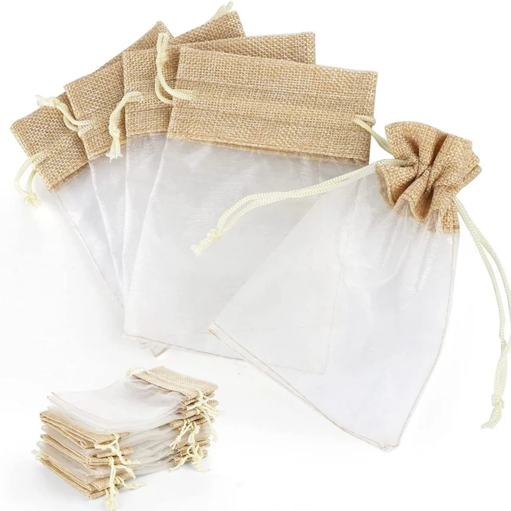 

10-50pcs Linen Organza Fabric Bags Drawstring Burlap Gift Bags Jewelry Candy Favor Pouches for Christmas Wedding Party Decor Bag