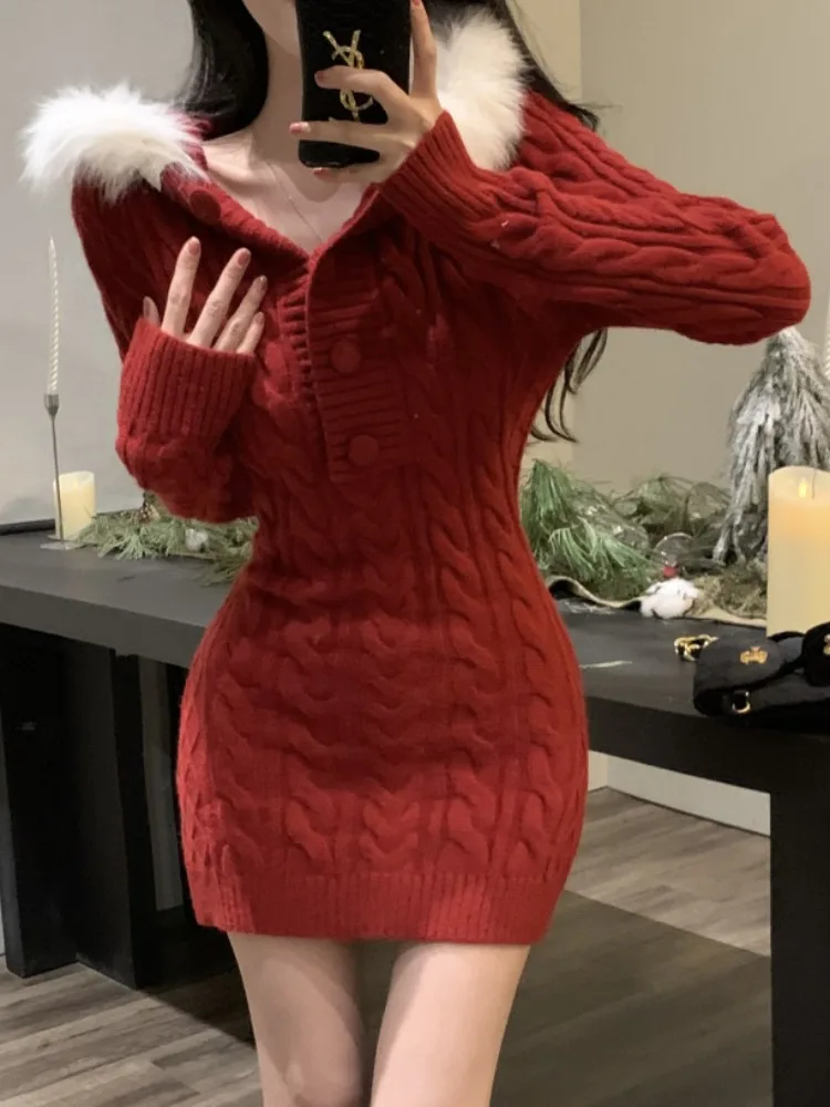 

Pure Desire Sexy Girl New Year Warrobe Dress Women's Autumn Winter Hooded Fur Collar Knitted Red Short Skirt Dress