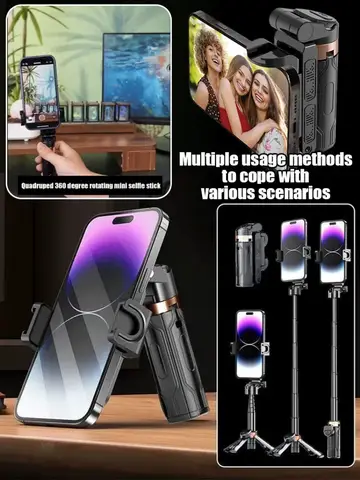 Quadruped 360도 회전 미니 Selfie 스틱 여행 휴대용 블루투스 Selfie 스틱 삼각대 손떨림 방지 브래킷 접이식 Vlog