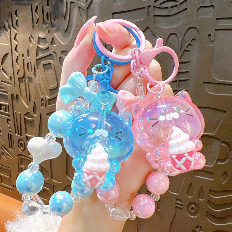 Lovely Resin Candy Cat Keychain 3D Simulation Ice Cream Key Rings for Women Girl Handbag Pendants Keyfob Kids Bow Bracelet Gifts