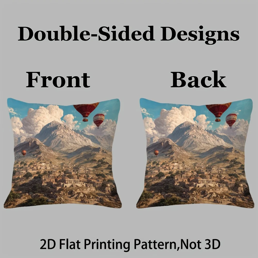 Vintage Hot Air Balloon Ancient City Landscape Mural Throw Pillow Cover Art Print