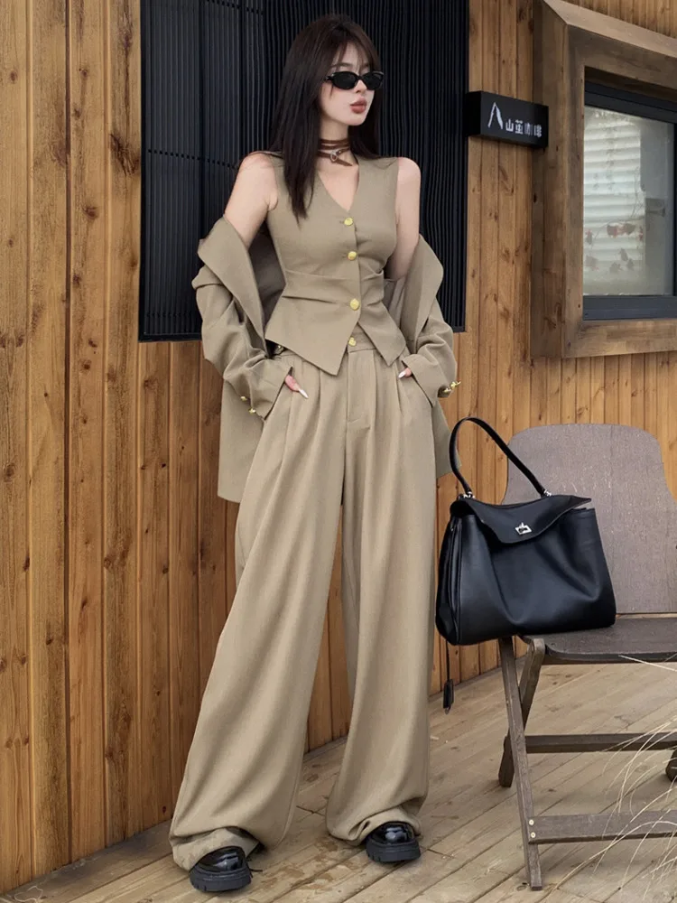 High Quality Korean Casual 3 Piece Pant Set Women Blazer Coat + Vest + Wide Leg Pants Suits Female Elegant Fashion OL Outfits