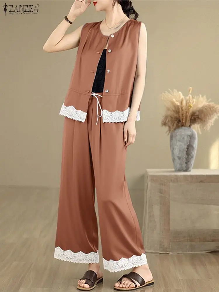 ชุดเซ็ตแฟชั่นผู้หญิง ZANZEA 2025 ชุดฤดูร้อนผ้าลูกไม้ 2 ชิ้น เสื้อแขนกุดสวยหรู กางเกงขายาวเอวยางยืด ชุดลำลอง