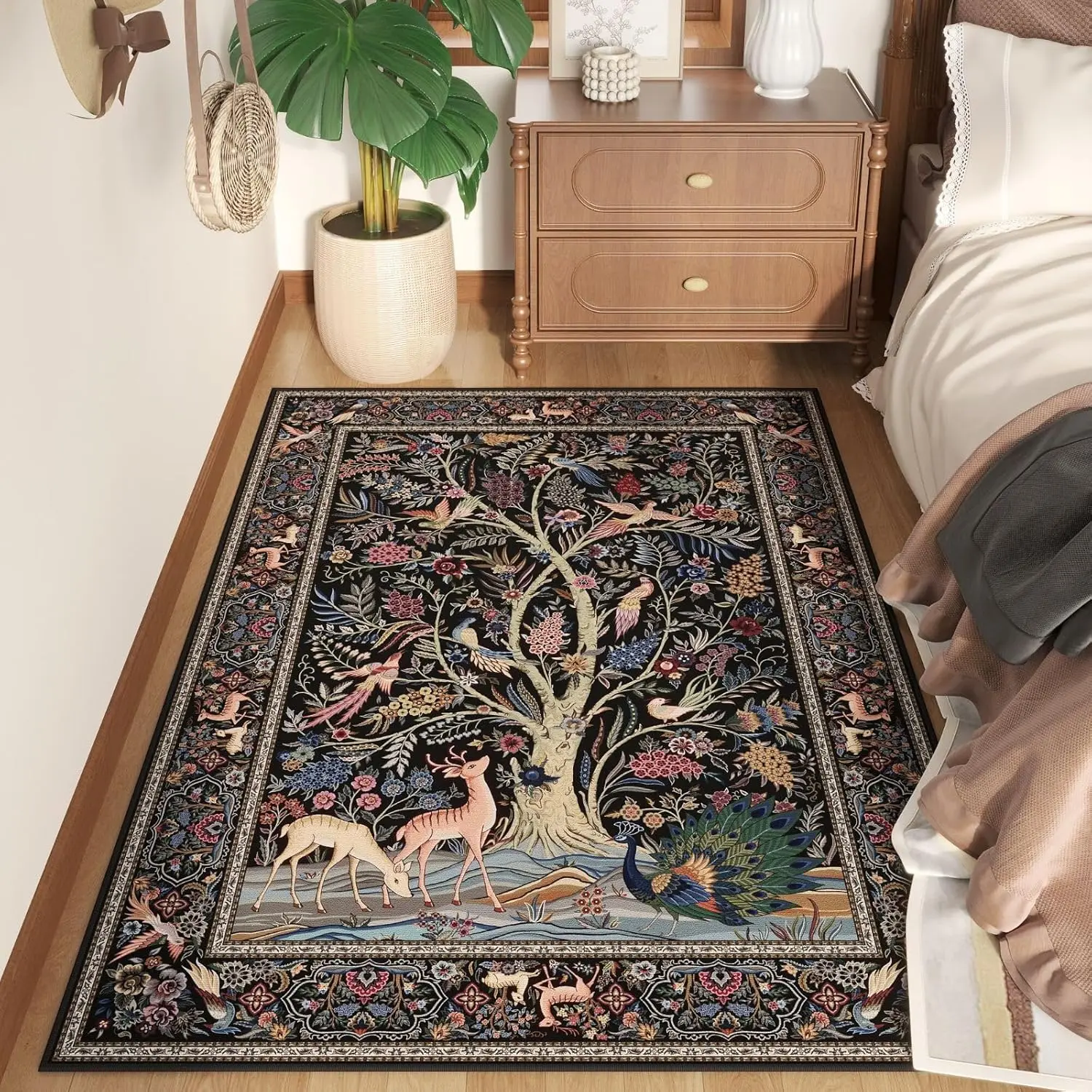 Tree of Life Rug, Black Base Wildlife Botanical Boho Home Design, Non-Slip Washable Mat for Bedroom Lounge Game Room Decor