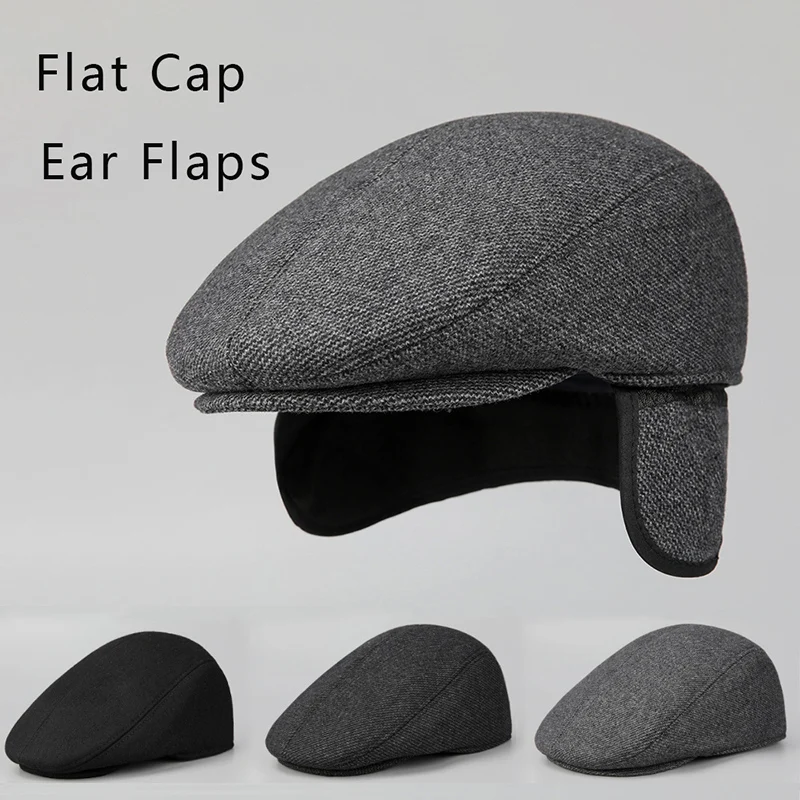 Men's Warm Thick Flat Cap with Ear Flaps Ivy Newsboy Hat for Dad Thermal Grandpa Winter Cap