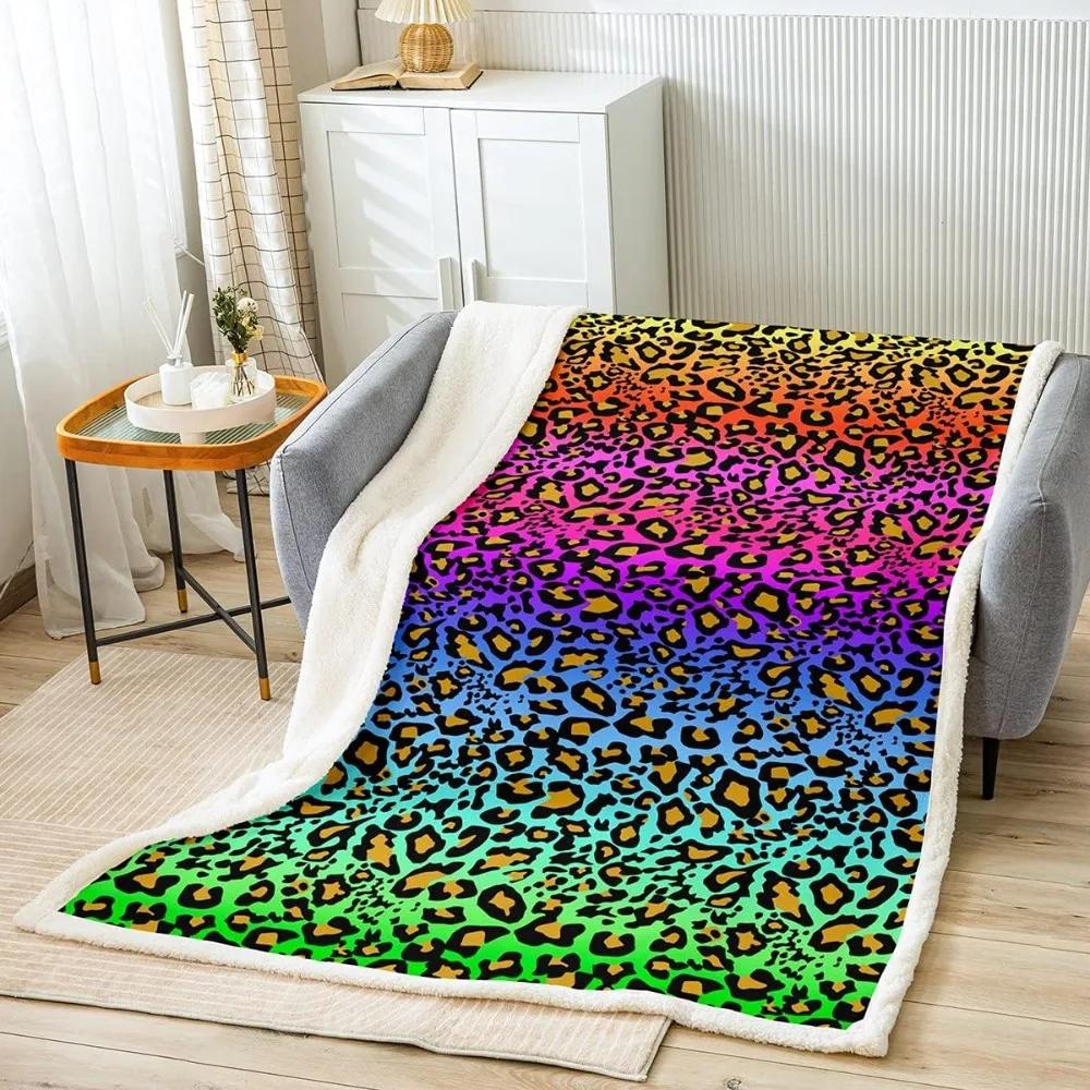 Women Leopard Print Plush Blanket Chic Rainbow Cheetah Print Fleece Throw Blanket for Sofa Couch Daughter Luxury Colorful Decor