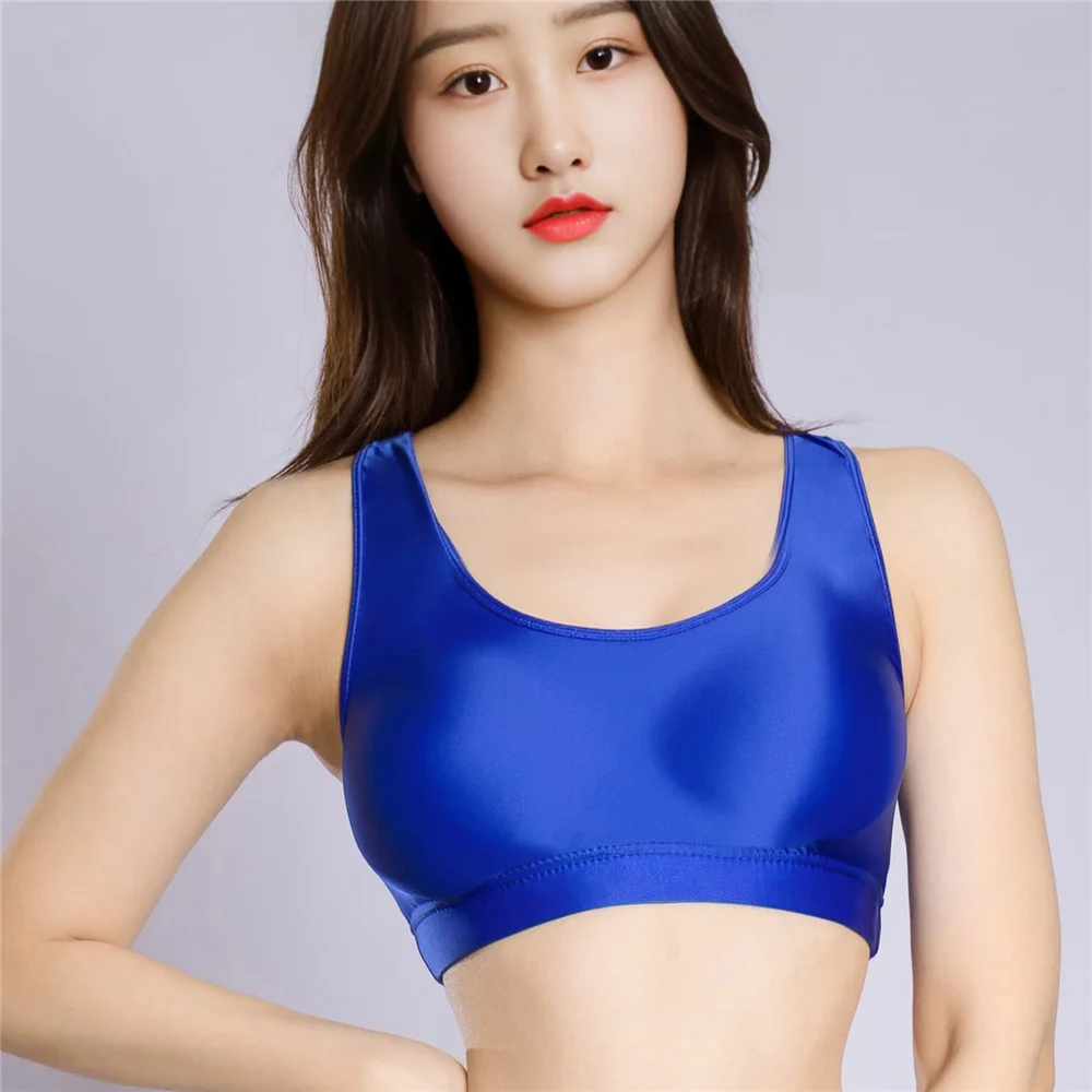 Sexy Women Candy Color Short Vest Oil Glossy Shiny V Neck Stain Tank Top Yoga Elastic Tights Fashion Cute Streetwear