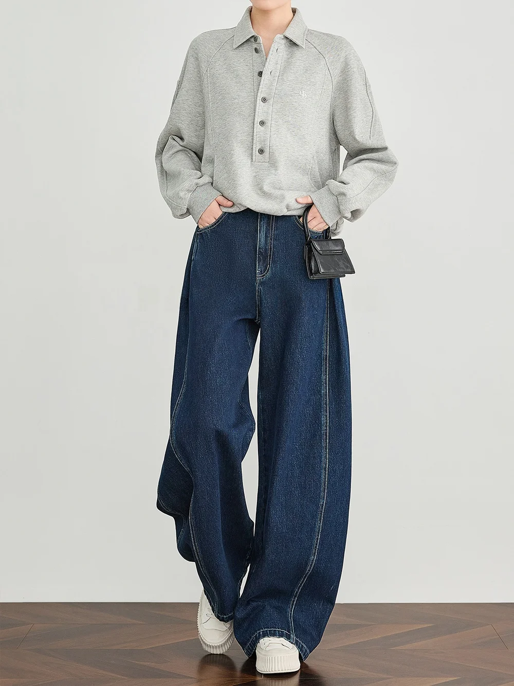

FAESSLIN High Waist Loose Leg Jeans Deep Blue Curved Knife Wide Leg Pants Comfortable Loose Fit Cotton Denim Trousers