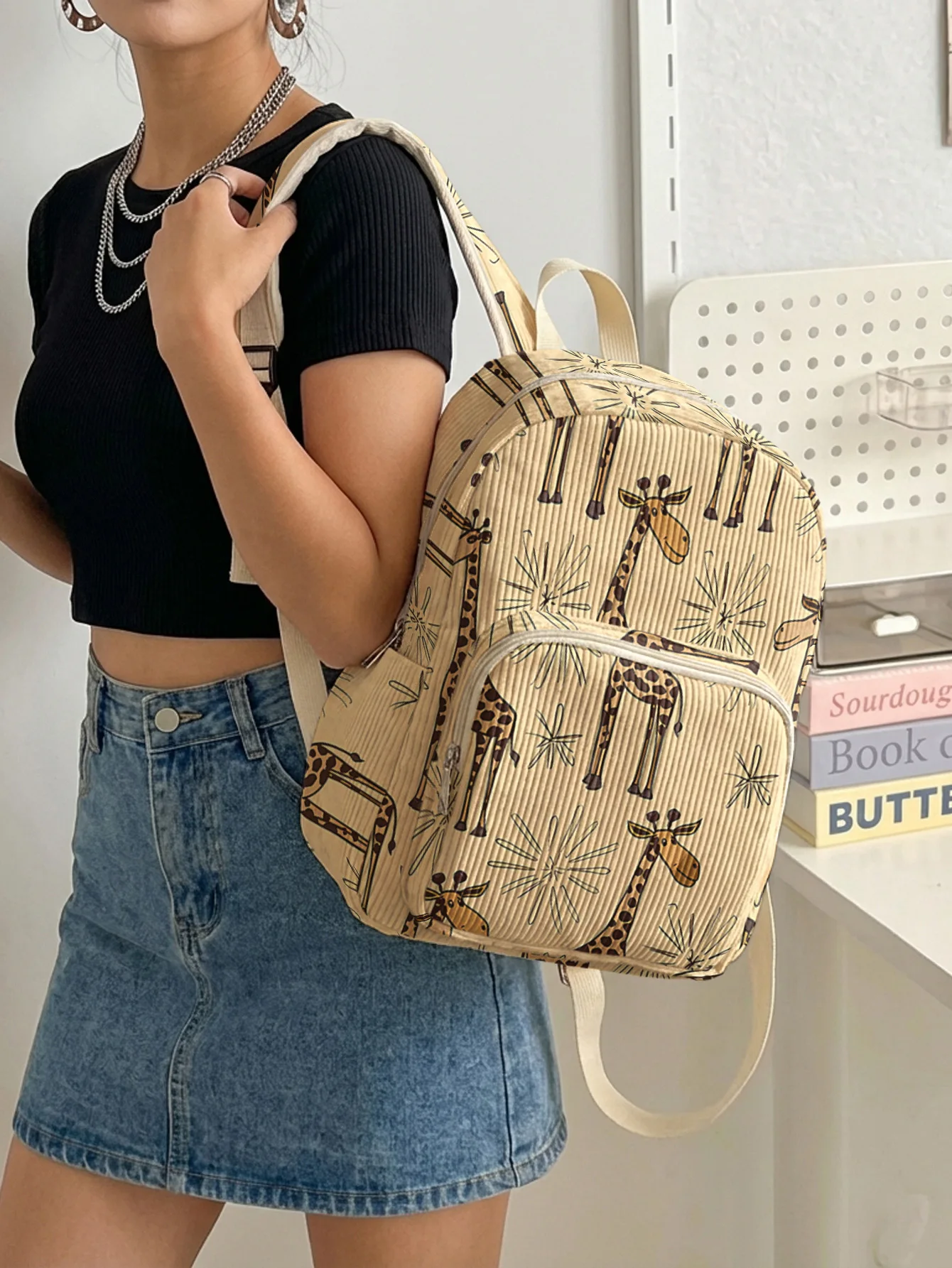 Cartoon Giraffe Pattern Allover Print Backpack Corduroy Multi-pocket Large Capacity School Travel Backpack