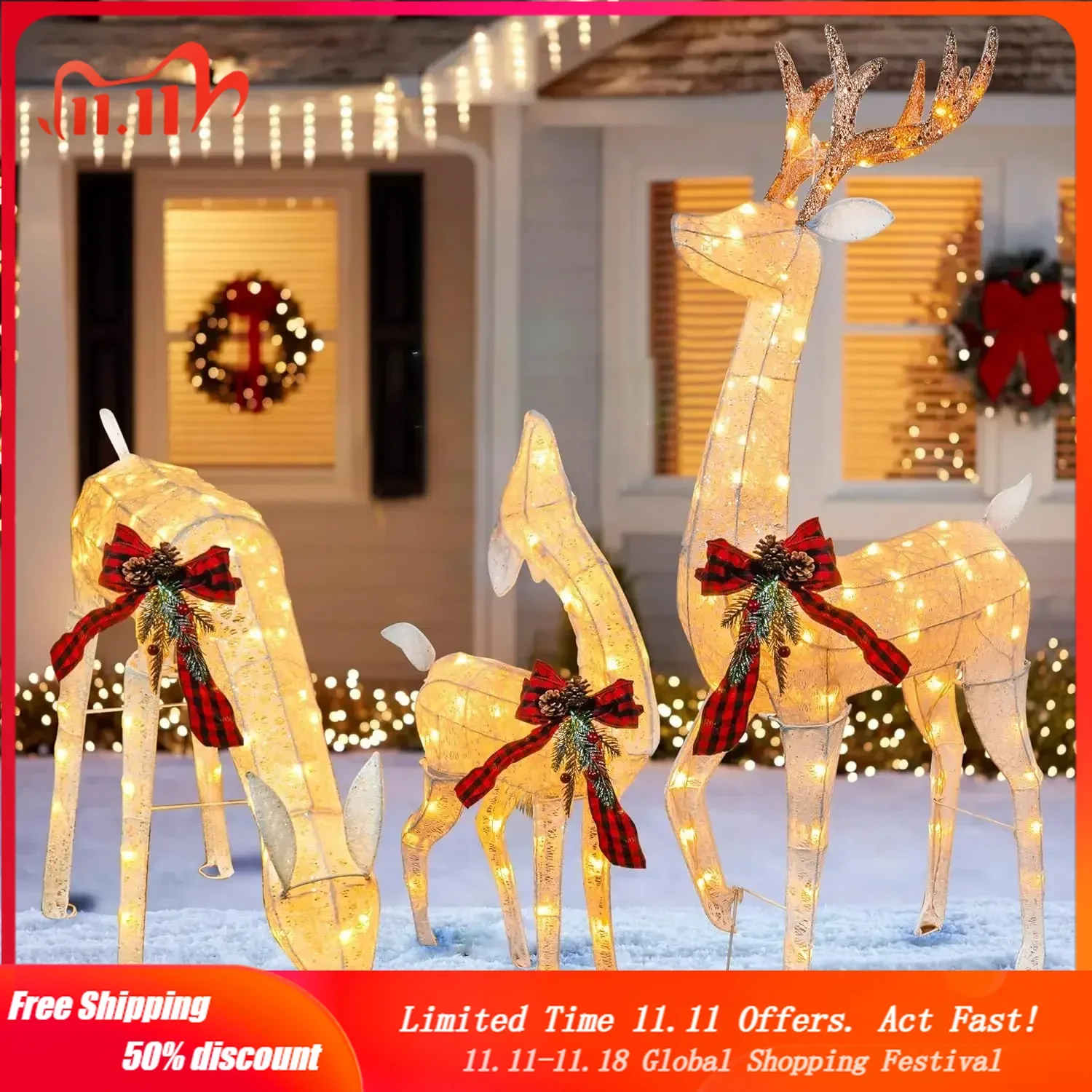 3-Piece Pre-Lit Christmas Reindeer Family Set, 3D Plug in 170 Count Warm White Lighted Christmas Decoration Outdoor