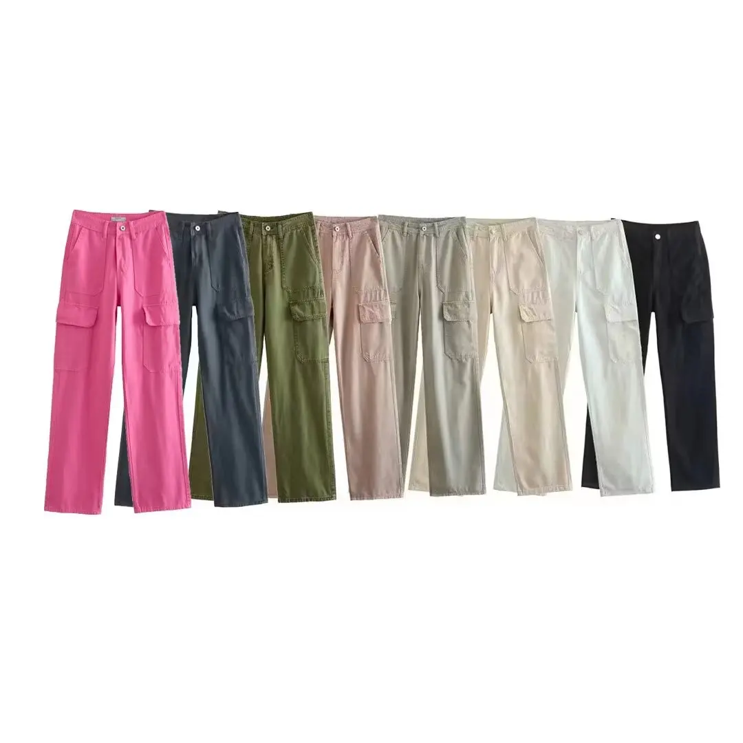 Pantalones Cargo rectos informales multicolores para Mujer, pantalones retro de cintura alta con cremallera, decoración de bolsillo con solapa, nueva moda