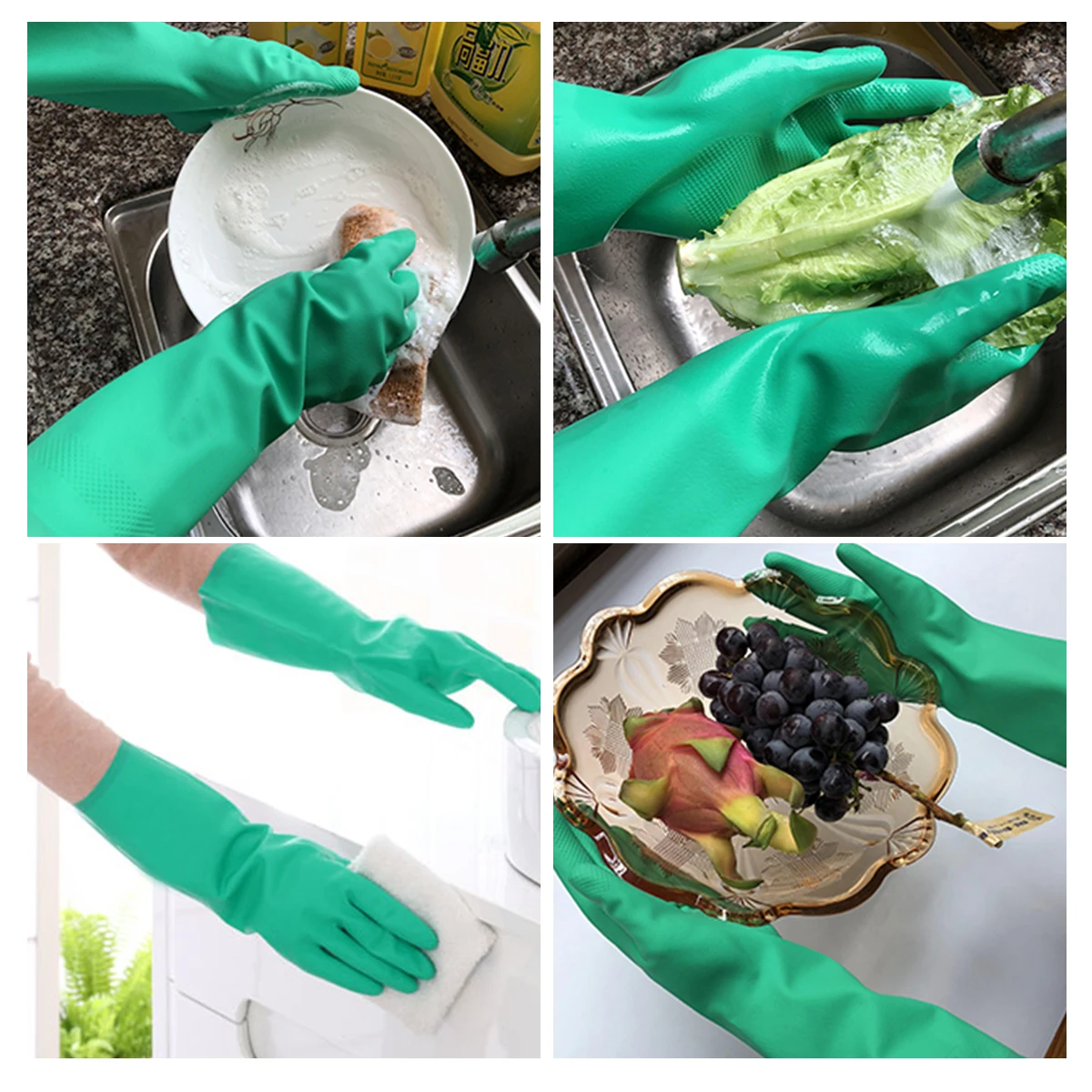 

Dishwashing Gloves Waterproof Cleaning Kitchen Rubber Green One Size Fits Most Household Laundry Car Wash Gardening Durable