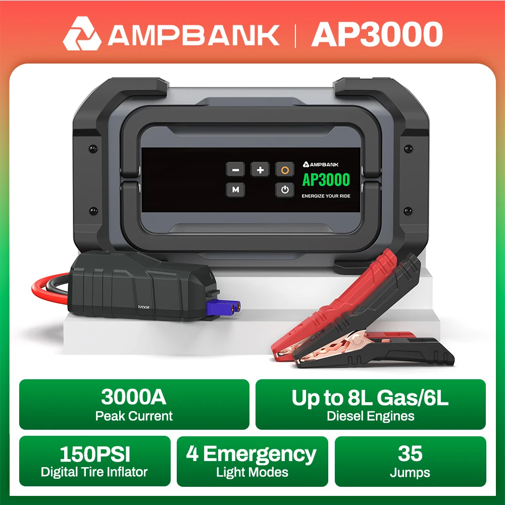 

AMPBANK AP3000 3000A Портативный автомобильный стартер с цифровым насосом для накачивания шин 150PSI, воздушный компрессор, 12 В, усилитель автомобильного аккумулятора