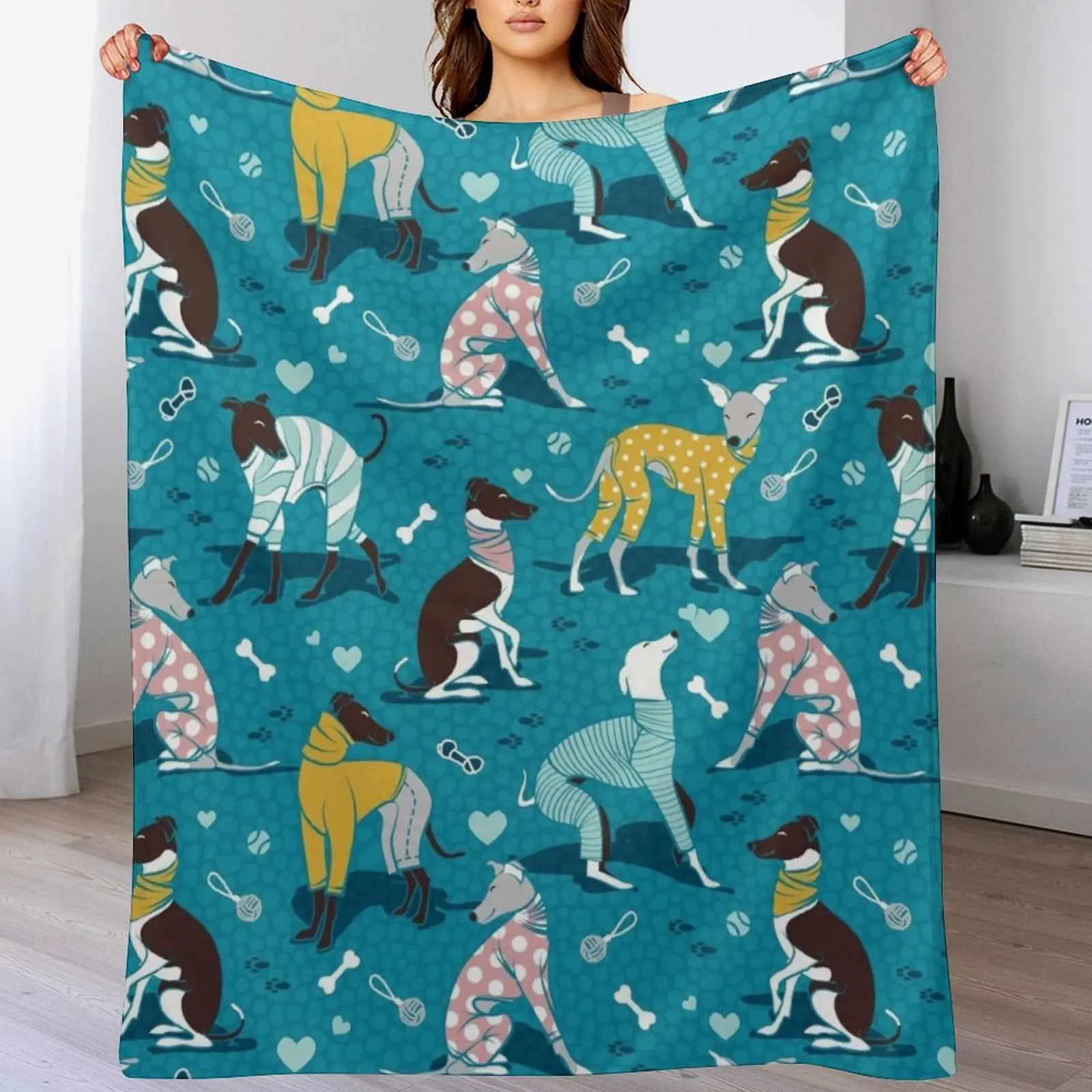 Greyhounds dogwalk // turquoise background Throw Blanket Summer for babies Tourist Blankets For Sofas Blankets