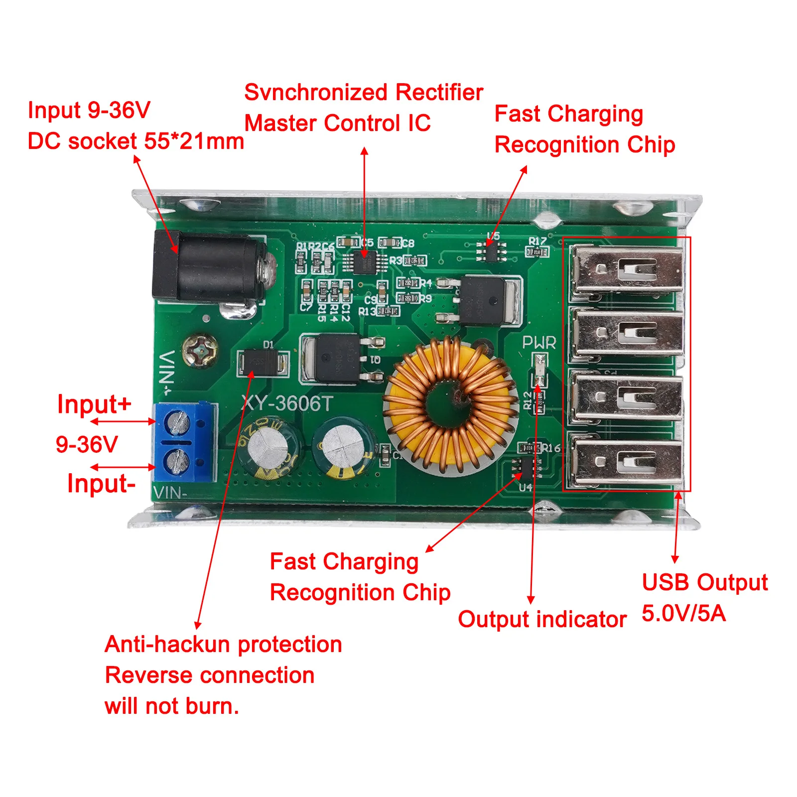 Convertidor de potencia reductor Powermodule DC 9V-36V DC-DC gran corriente plástico amplio voltaje 5,2 V/5A/25W 70x40x30mm