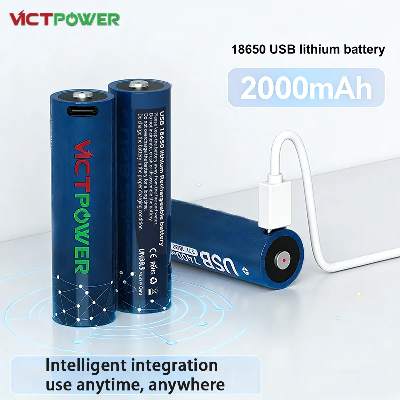 Victpower 2000mAh High Capacity 18650 Battery with USB Port Charging -for Home Appliances, Outdoor Camping Light, Electric Tools