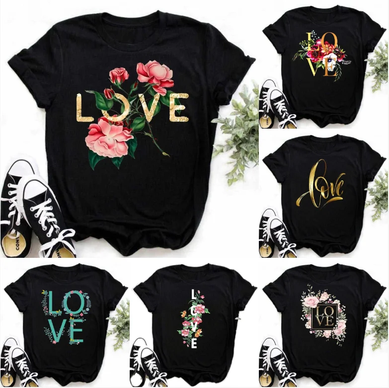 

Женская футболка с короткими рукавами, золотой топ с любовным письмом и цветочным узором, романтическая, модная, элегантная, универсальная, повседневная домашняя одежда