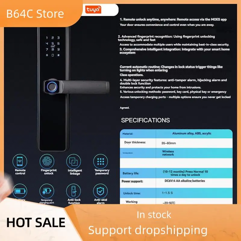 

B64C Tuya Zigbee Smart Door Lock Indoor Password Fingerprint Remote Unlock Keycard Tamper Alarms Battery Powered Work
