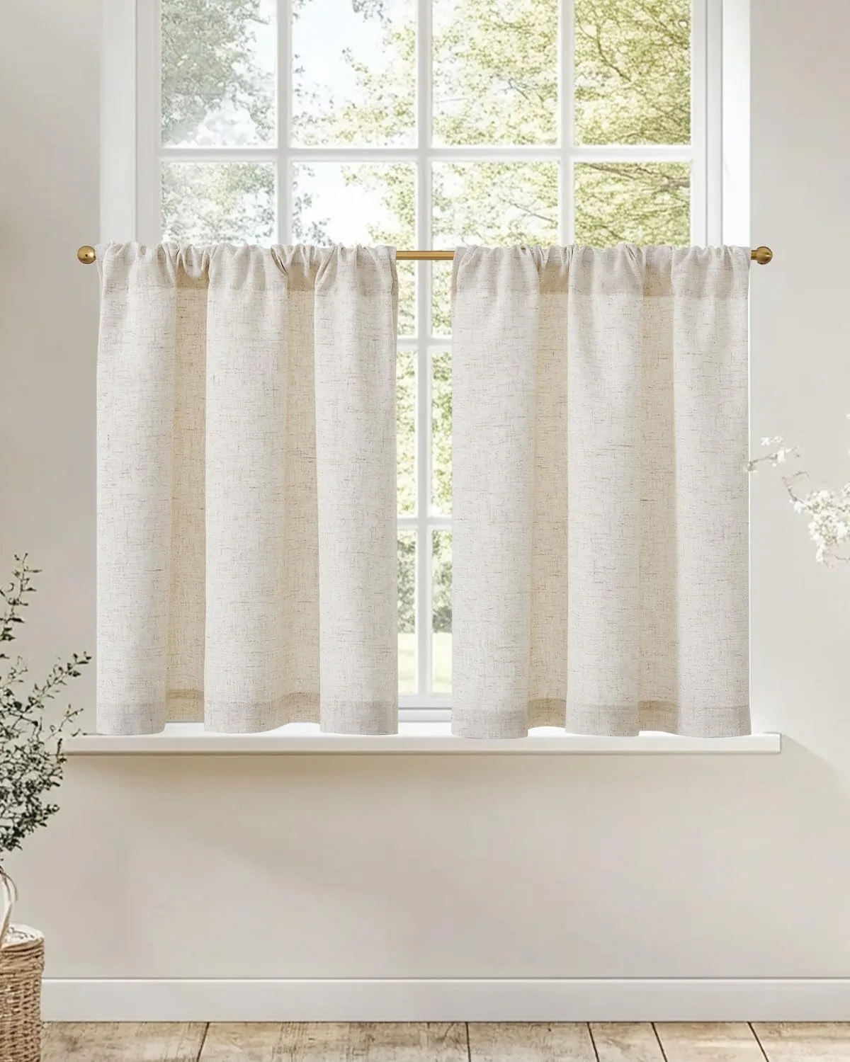 Linen Kitchen Curtains 30 Inch Tier Curtains Farmhouse Cream Beige small window treatment, cottage style, kitchen, laundry room