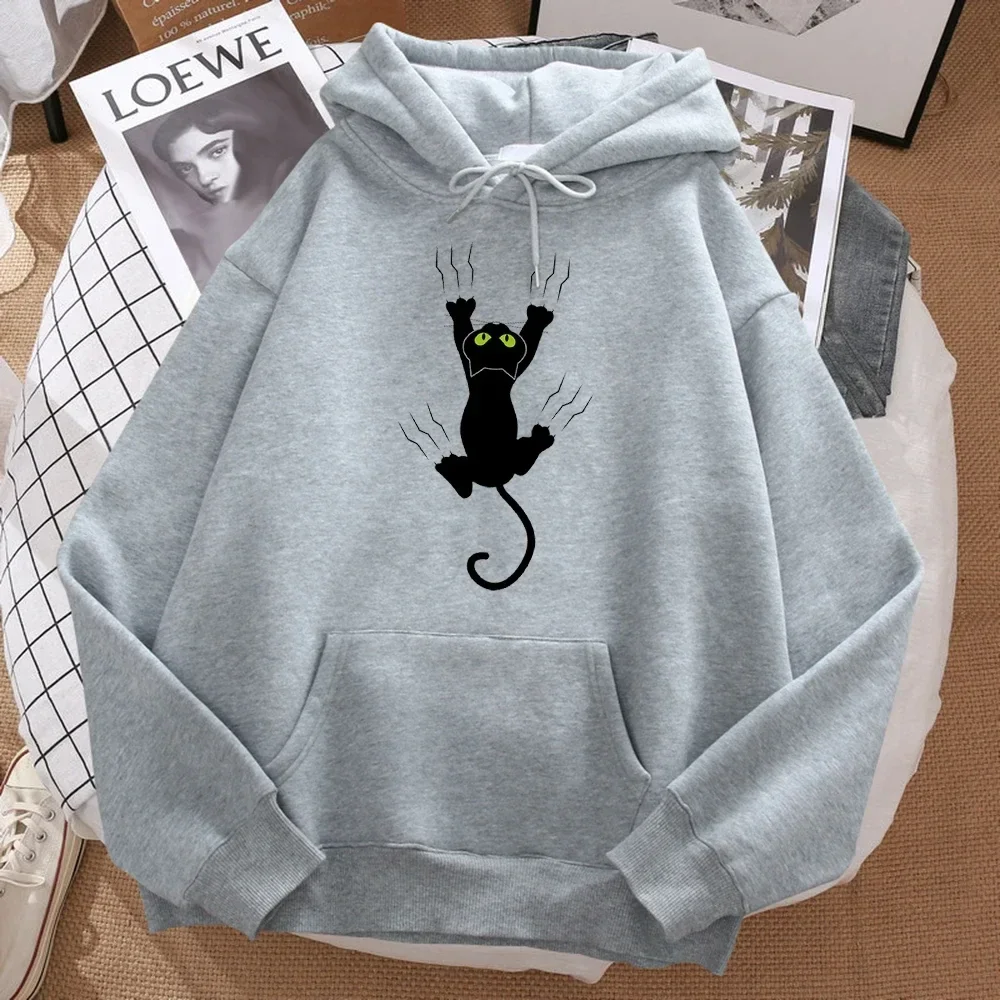 Sudadera con capucha para hombre con estampado de gato negro travieso, cómoda sudadera con capucha de hip-hop de dibujos animados y sudadera Harajuku