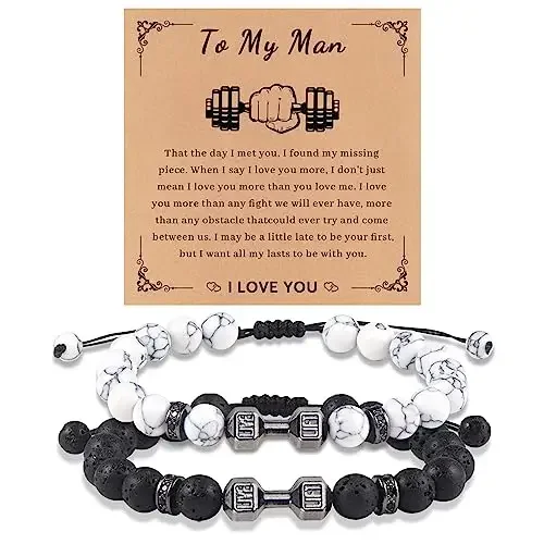 

2PCS Classic Black White Stainless Steel Barbell Bracelet Matte White Pine Stone Black Pine Stone Beaded Bracelet Men Gifts