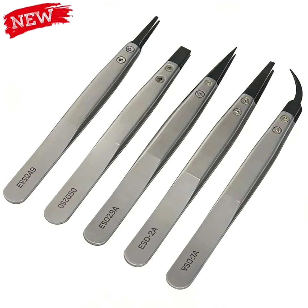 6PCS Watch Hands Installation Work Tweezers Straight Elbow Handle Stainless Antistatic Plastic Tweezers ESD-259 ESD-259A ESD-7A