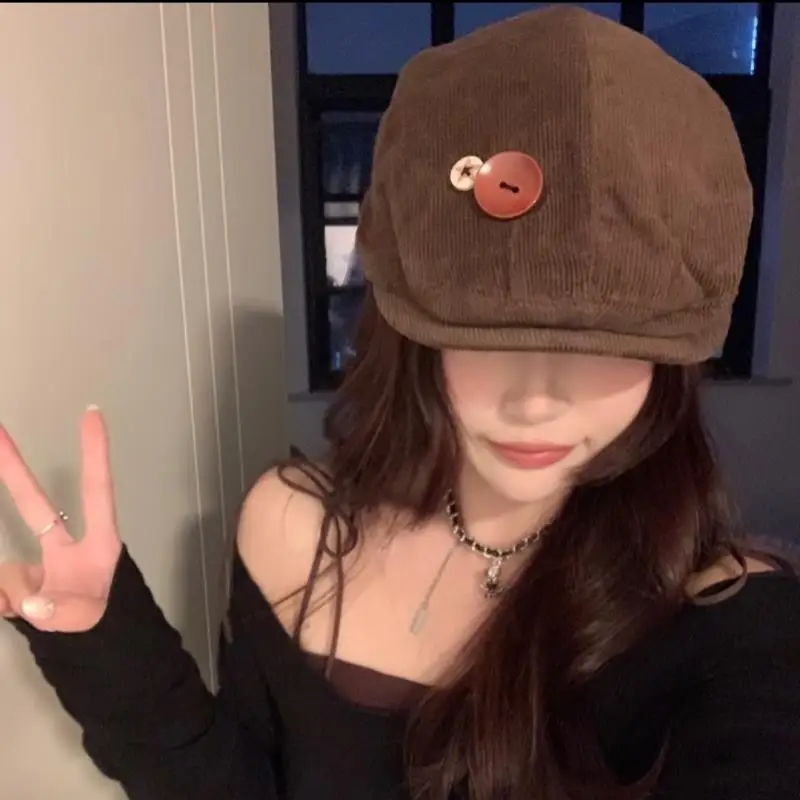 

Retro Button Corduroy Octagonal Hat Baseball Caps Keep Warm Windproof Newspaper Hat Adjustable Beret Autumn Winter Berets