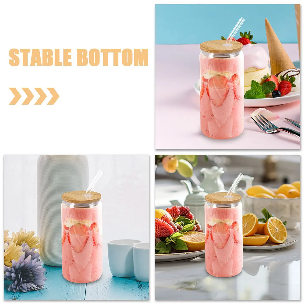 أكواب زجاجية مع غطاء وقش متعددة الأغراض كوب شاي مثلج من الخيزران والحليب وعاء عصير الماء صنعة ممتازة #3