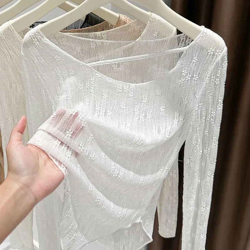 Summer Newwomen Stylish Spicy Girl Lace Bottom Shirt Thin Irregular Jacquard Lowcollar Slim Fit Fashion Versatile Sunscreencover