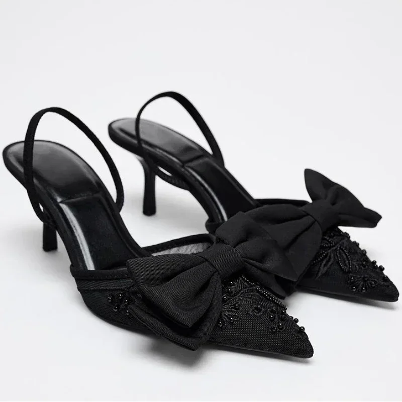 

Брендовые дизайнерские женские туфли-лодочки на тонком высоком каблуке с бантом и бусинами, туфли-лодочки с открытой пяткой, элегантные модельные сандалии с сетчатой вышивкой, женские