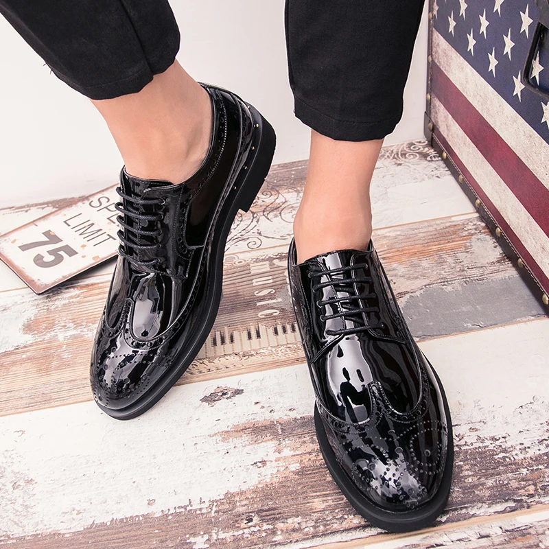 European Station Trendy Fashion Block Leather Shoes Men Shoes Round Toe Anti slip Wear Lacing Business Dress Shoes Size 38-46