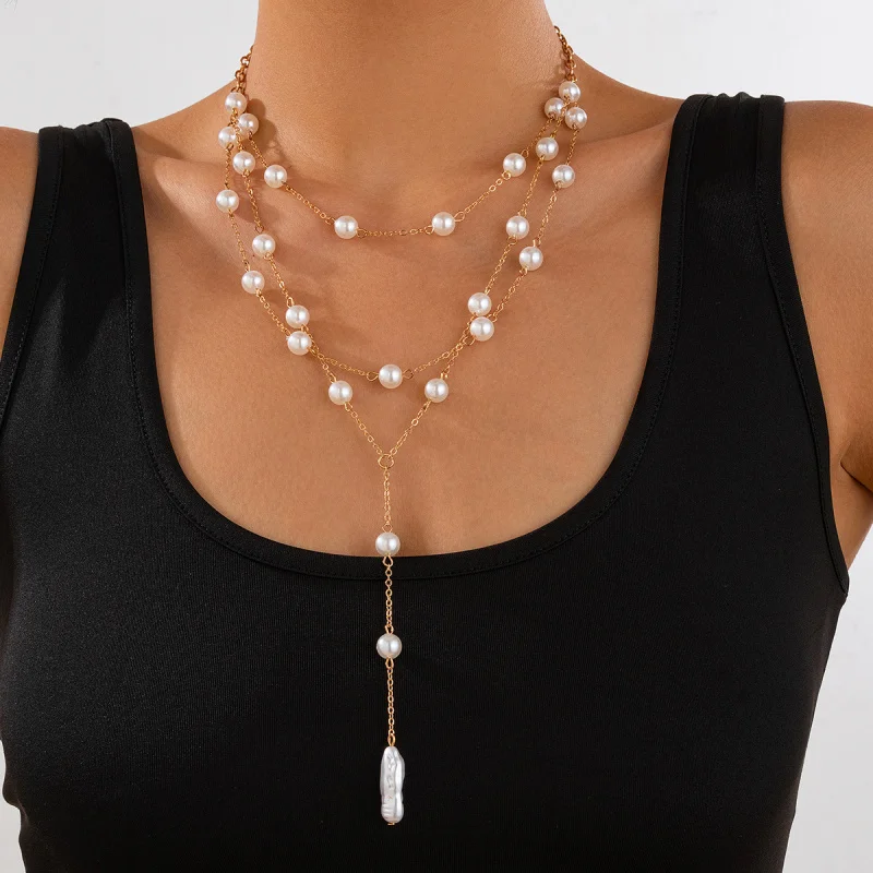 Simple Graceful Pearl Chain Tassel Necklace Women's Cold Style Multi-Layer Necklace Necklace wholesale