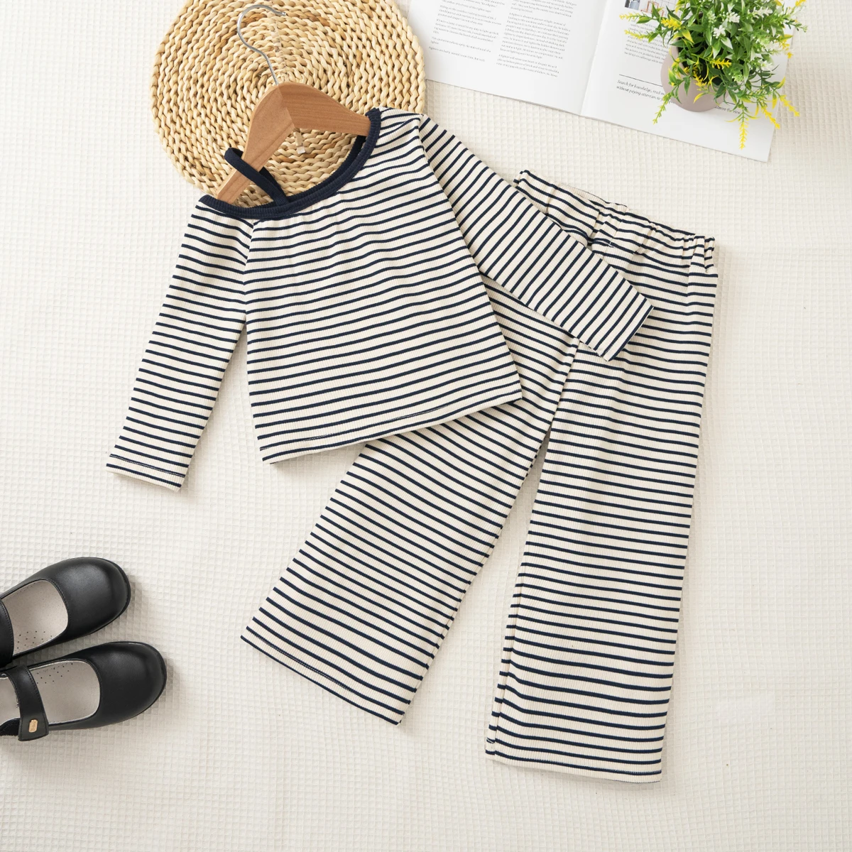 Girls 2Pcs Striped Knit Set Spring Autumn Outfits Casual Soft  Round Neck Single Shoulder Strap Top & Long Pants Suit for 3-8Y