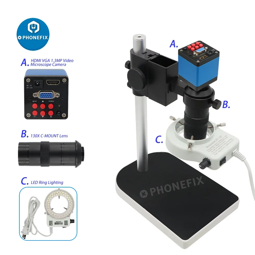 Industrial Hdmi Microscópio Câmera Grupo hd 13mp Vga Digita Industrial 130x c Mount Lens Ajustável 56 Led Anel Lâmpada Luz