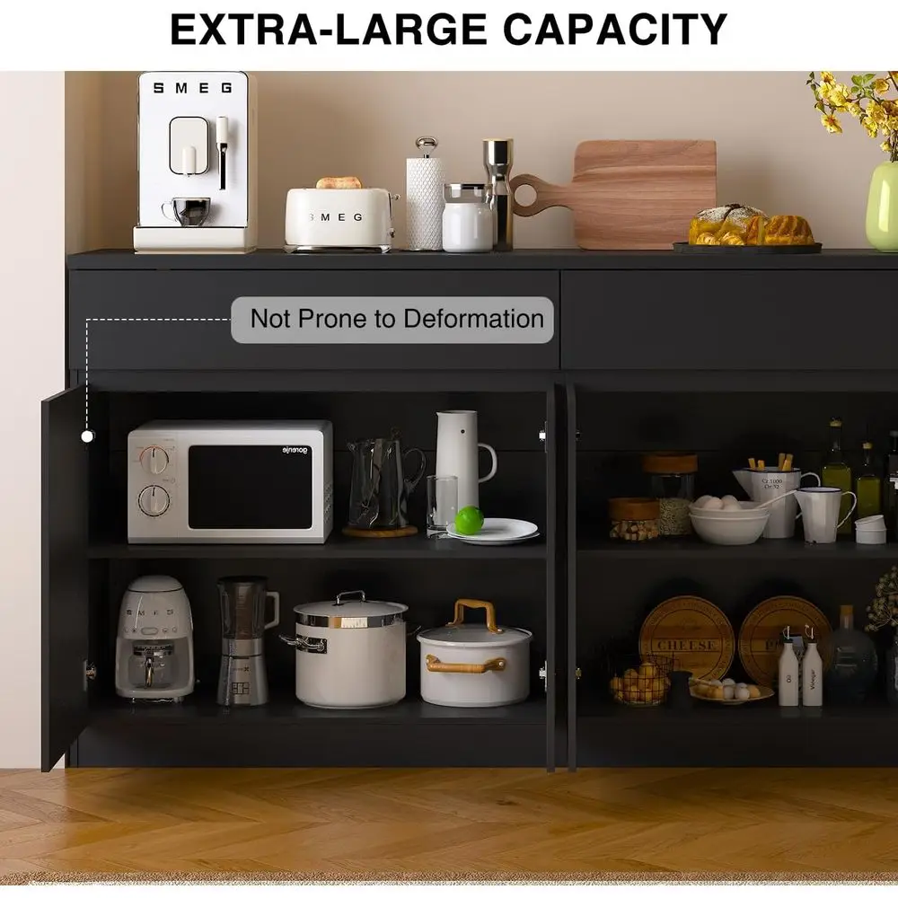 63 بوفيه خزانة جانبية سوداء مع درجين و4 أبواب، خزانة تخزين لغرفة الطعام، سهلة التنظيف، تصميم مضاد للطرف