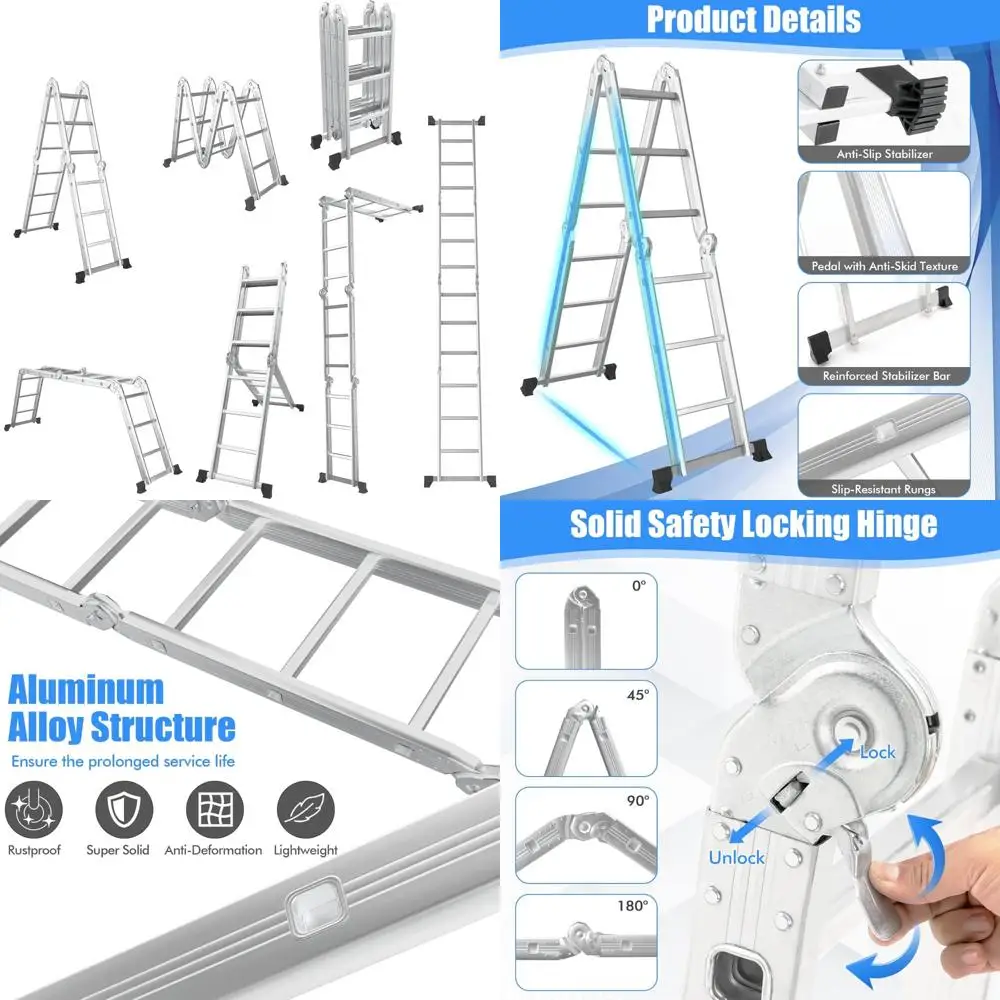 

Multi-Purpose Aluminum 7-in-1 Folding Step Ladder, 12 Feet Tall, Supports Up to 330 Lbs, Safety Locking Mechanism, Lightweight a