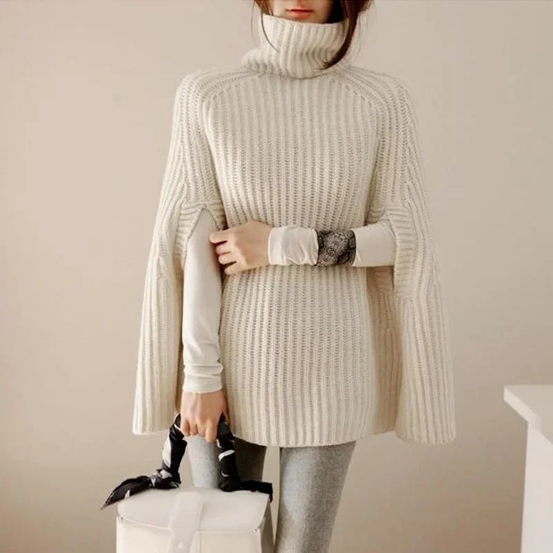 Autumn Winter Turtleneck Sweater Split Collar High Collar Cape Casual Jumper Cloak Poncho Women Elegant Knitted Pullovers Black