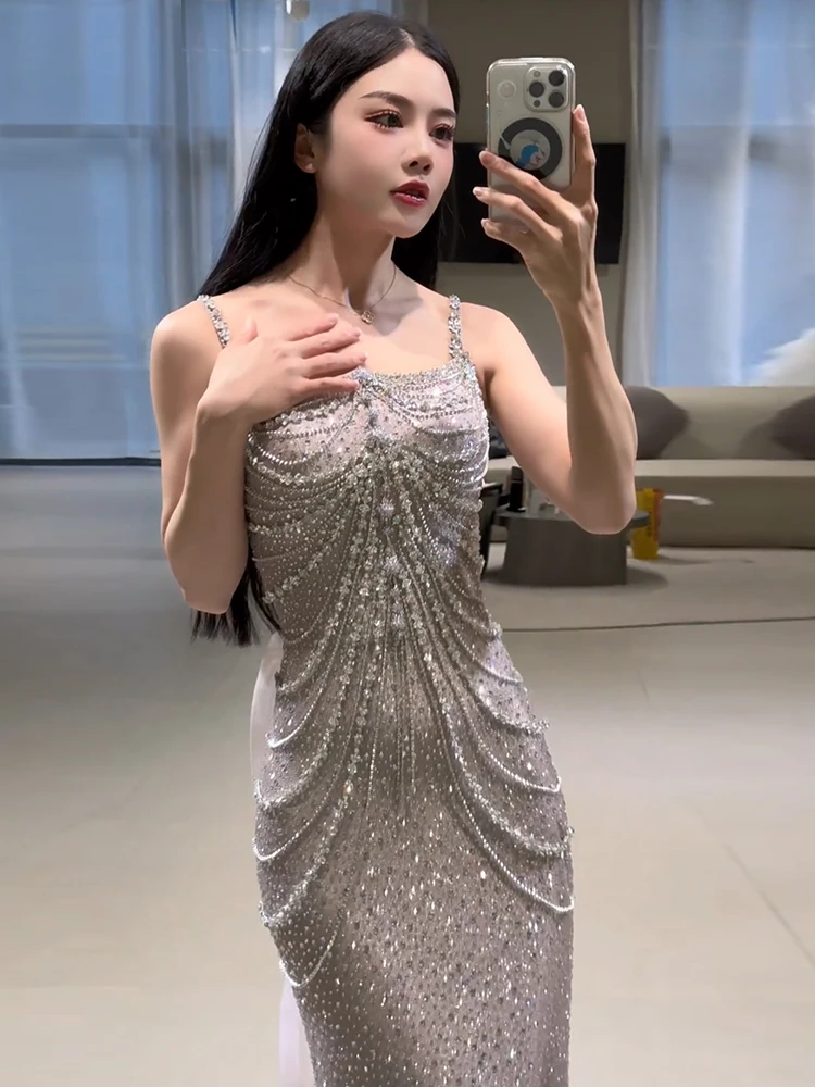 

Серебристое вечернее платье с пышной юбкой, роскошное, с богатой отделкой, для свадеб, торжеств, выступлений, длинное, для балов, конференций и ежегодных мероприятий