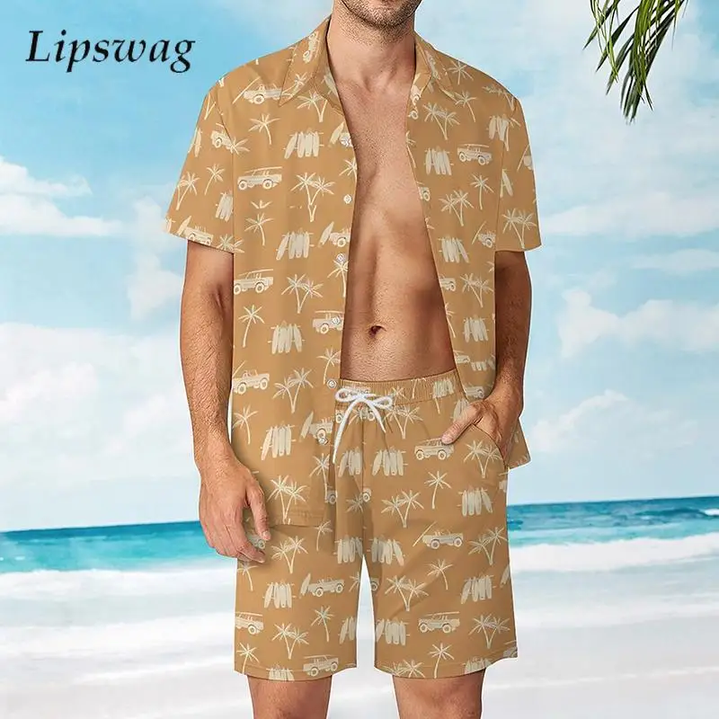 

Daily Leisure Men's Outfits Summer Seaside Beach Vacation Casual Shirts Two Pieces Sets For Mens Fashion Graphic Printing Suits