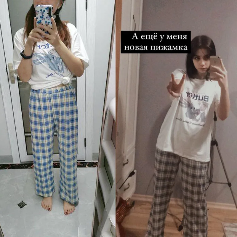 Pijama xadrez feminino para meninas, terno doméstico, calças, roupa de dormir, pijama querido, lounge wear, 2023