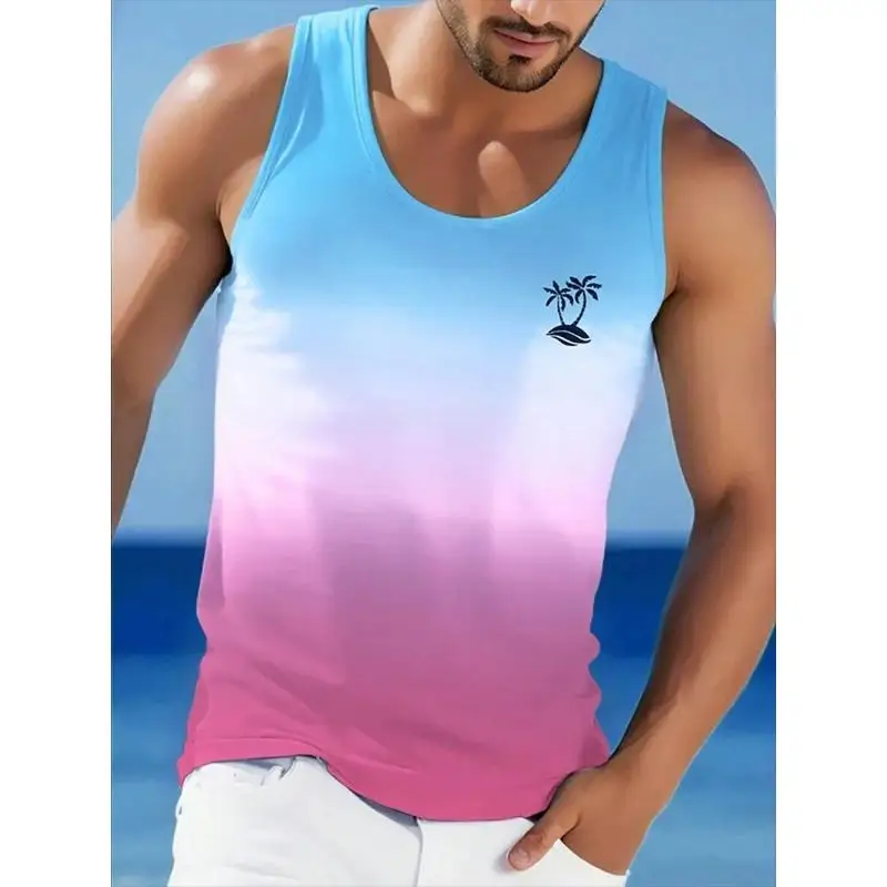 Gradient Coconut Tree 3D Print Tank Tops Men's Fitness Gym Top Oversized Harajuku Hawaiian Style Sleeveless Vest Man Clothing