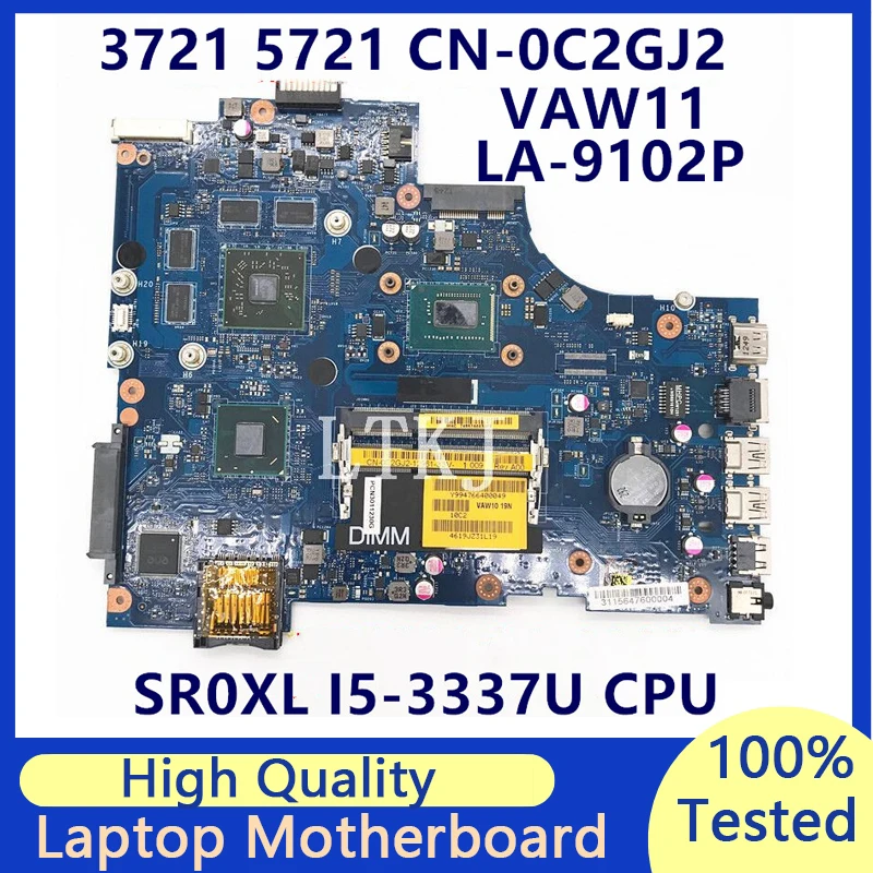 Laptop Motherboard para Dell, CN-0C2GJ2, 0C2GJ2, C2GJ2, Mainboard, SR0XL, I5-3337U, CPU VAW11, LA-9102P, 100% Testado Bom