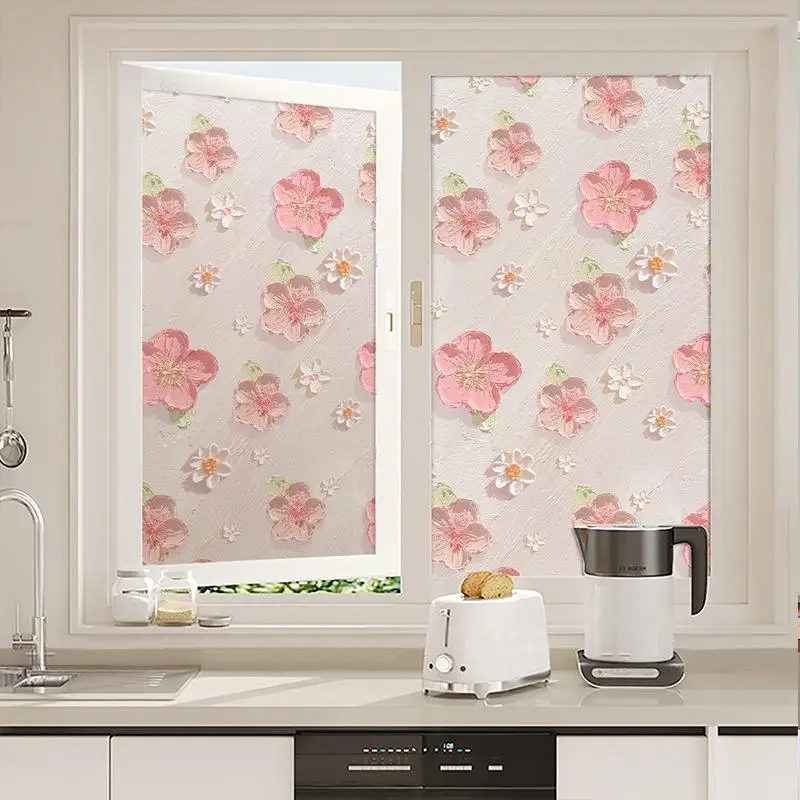 3D Embossed Floral Window Privacy Film Static Cling UV Blocking 1Roll 60*100cm for Bathroom Glass Door