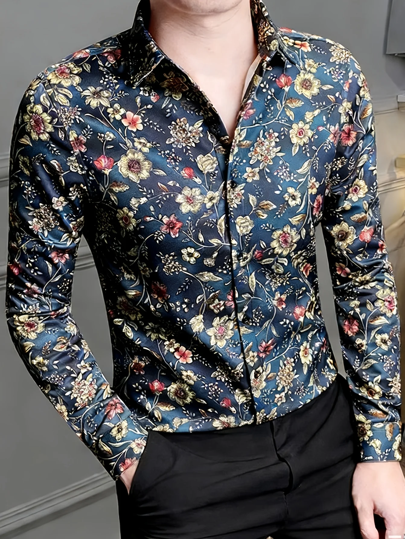 Autumn Men Lapel Collar Shirt Glossy Satin‑Texture Colorful Retro Blossom Foliage Graphic Polyester Long‑Sleeve Top
