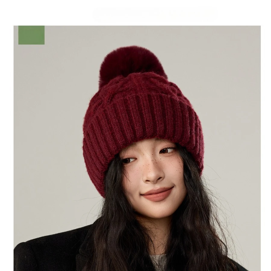 Women's Cable Knit Beanie with Oversized Pom Pom Autumn Winter Warm Chunky Ribbed Hat Cute Fluffy Folded Cuff Knitted Cap view 6