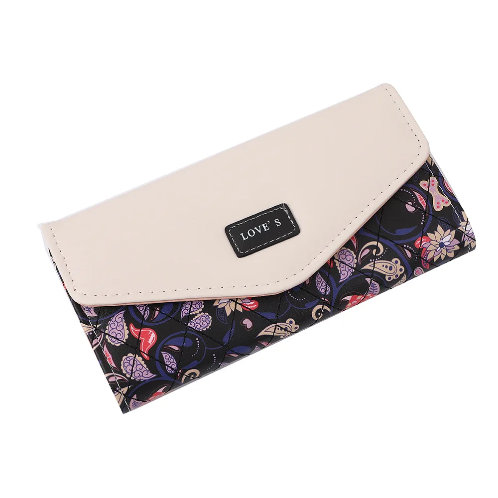 New Korean Women's Wallet Bag - Pastoral Floral Contrast Color, Tri-Fold Envelope Buckle Zipper Purse