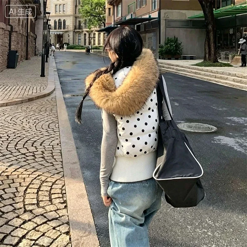 Harajuku Gothic Polka Dot Vest Jacket Fur Collar Hooded Women Fall Winter Casual Sleeveless Y2K Cotton Padded Quilted Coat Жилет