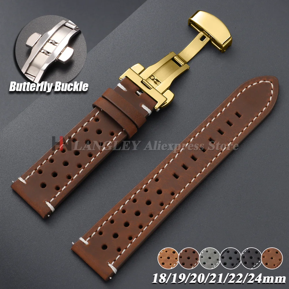Bracelet de montre en cuir vintage respirant et poreux de 18 mm, 19 mm, 20 mm, 21 mm, 22 mm, 24 mm à dégagement rapide pour montres Seiko et Rolex